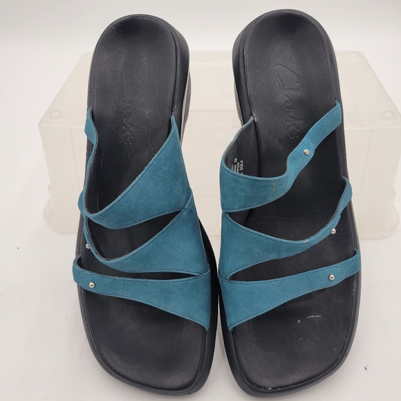 Clarks Shoes - Vintage 2001 Womans Clarks Teal Slides Leather Upper (Suede) 32454 Size 7.5